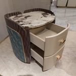 Oval Marble-Top SideTable with Fan-Stitched Leather Panels and Two Drawers
